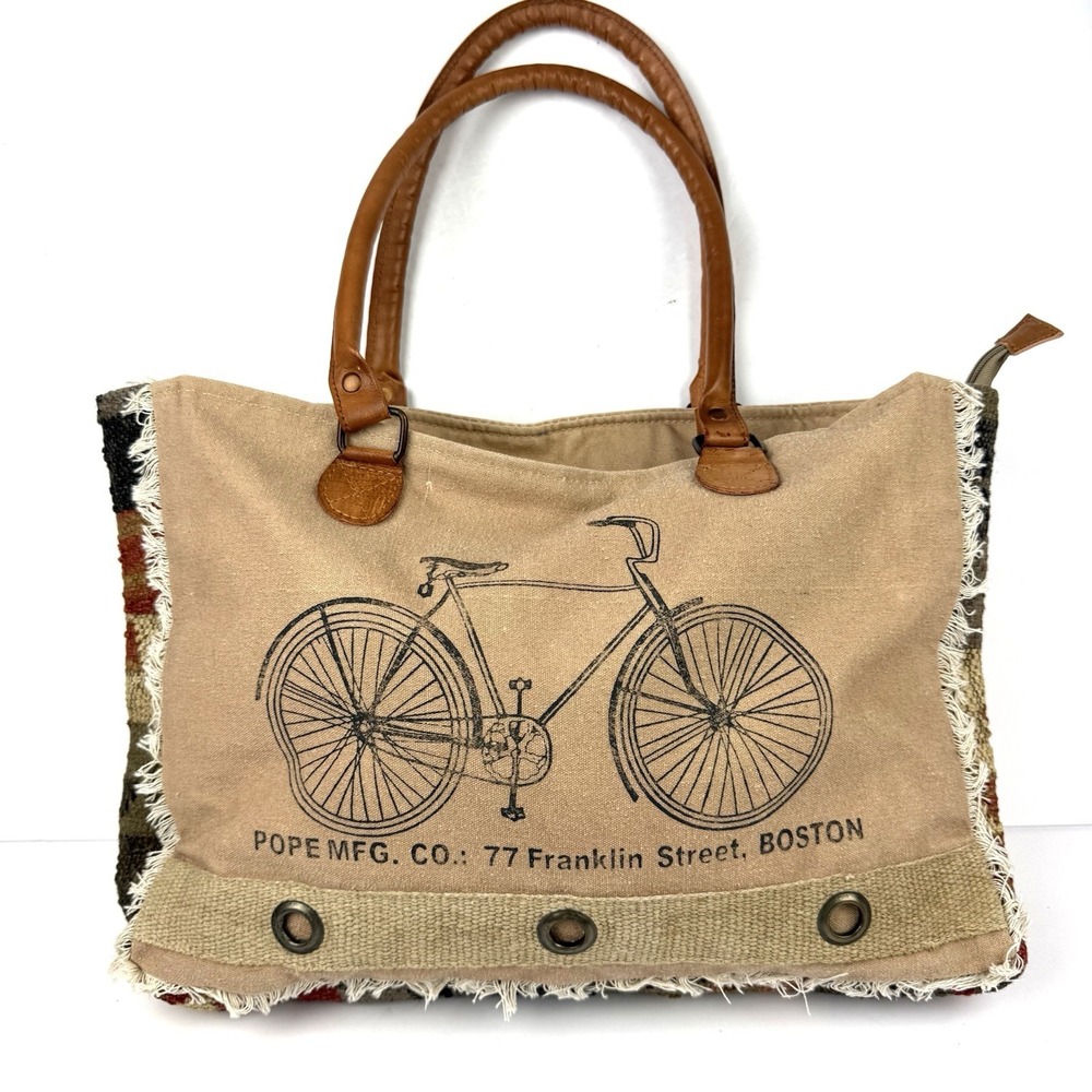 CHLOE & LEX Tote Bag Bicycle Boho Fringe Canvas Franklin Street Boston Handbag